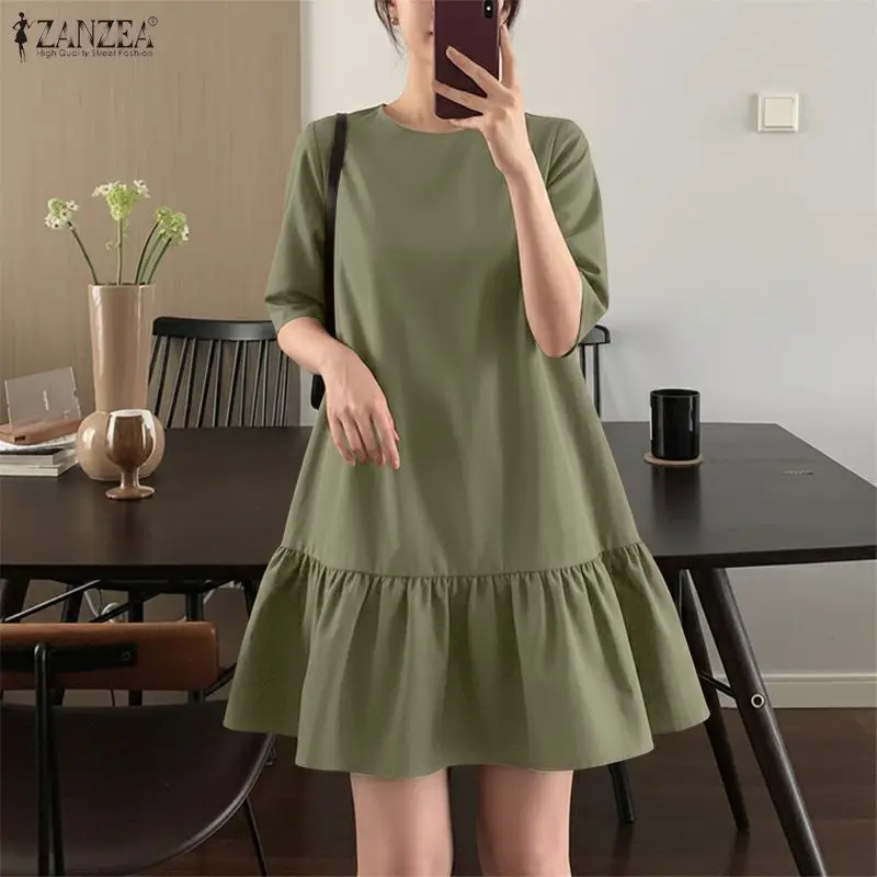 

Женское повседневное платье ZANZEA с оборками по низу, круглым вырезом, рукавом до локтя, А-силуэта, однотонное, свободного кроя, лето 2026
