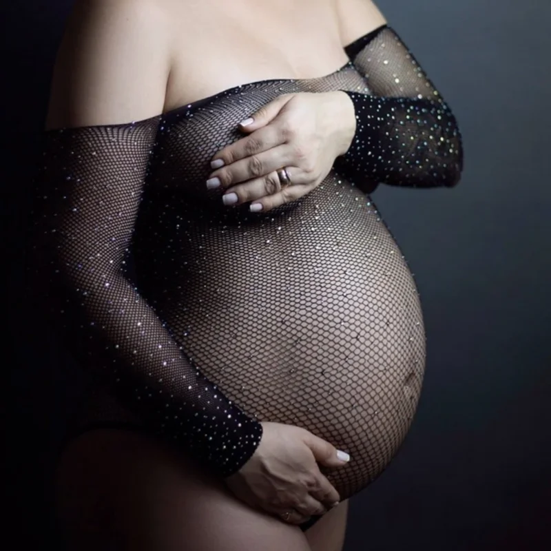 Pregnant Woman Photo Stretchy Bodysuit See Through Maternity Photography Prop Black Bodysuit Transparent Mesh Clothing