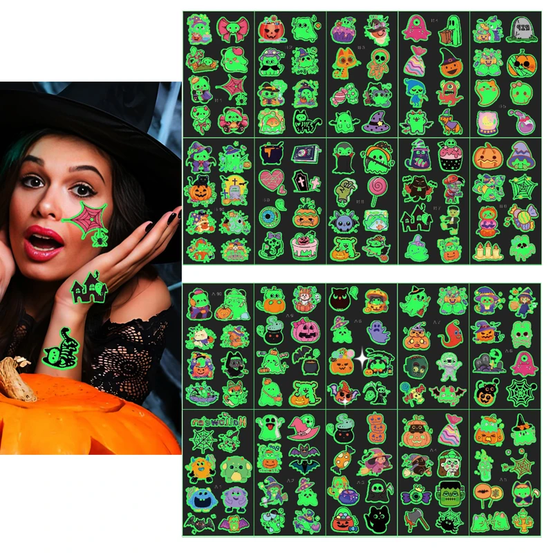 

10Pcs/set New Luminous Cute Halloween Pumpkin Temporary Tattoo Stickers Bat Candy Ghost Tattoos Stickers For Party Gift