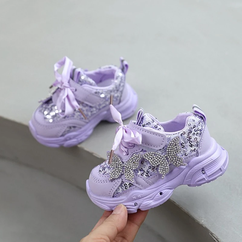 Fashion Girls' Shoes 2026spring New Sequin Kids Sneakers Simple Versatile Rhinestone Girls' Luminous Casual Shoes Tênis Infantil
