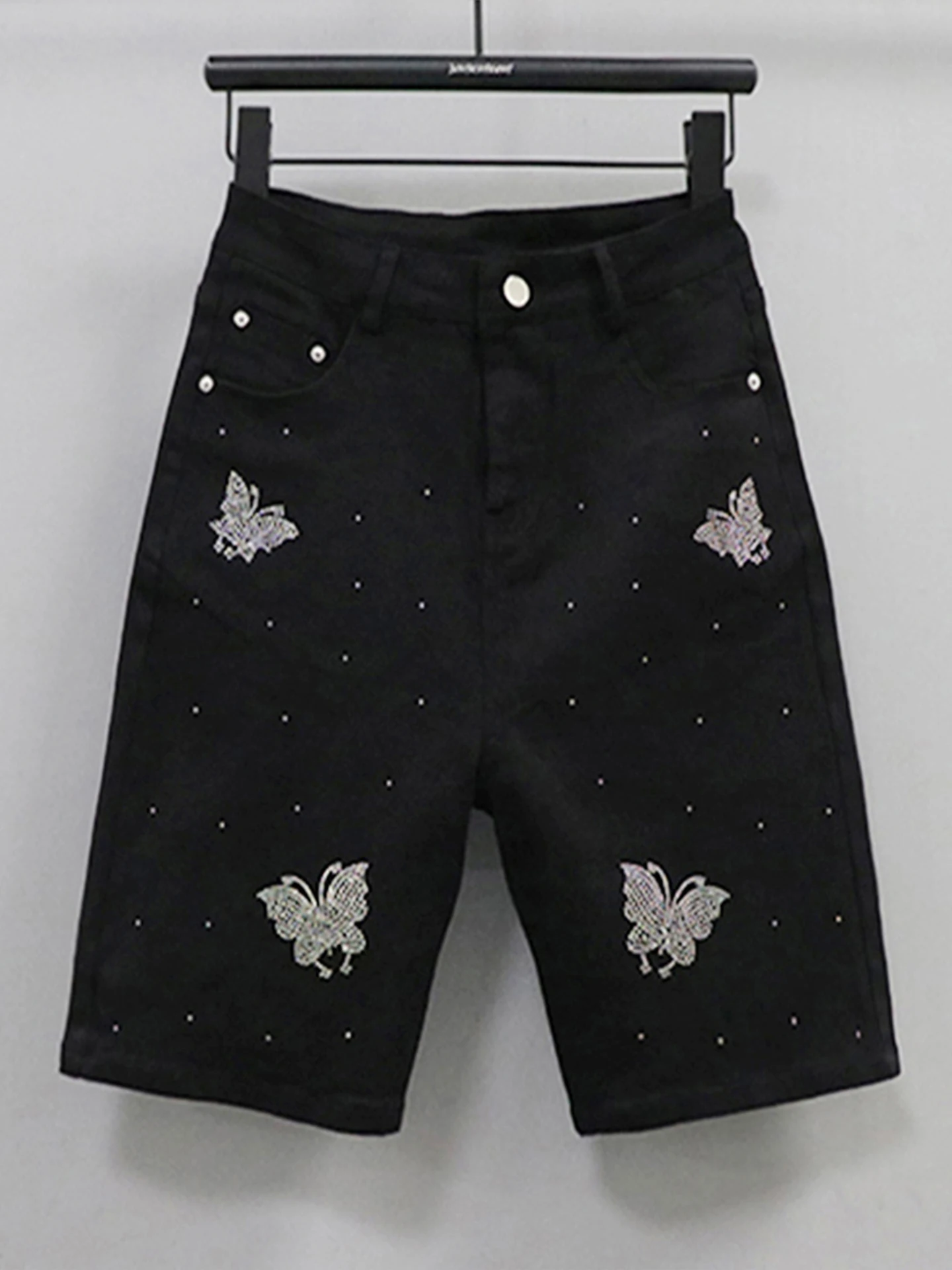 

Casual High Waist Straight Leg Five-Pointed Jeans Women's Rhinestone New Korean Version Dopamine Denim Mid-Calf Riding Pants ...