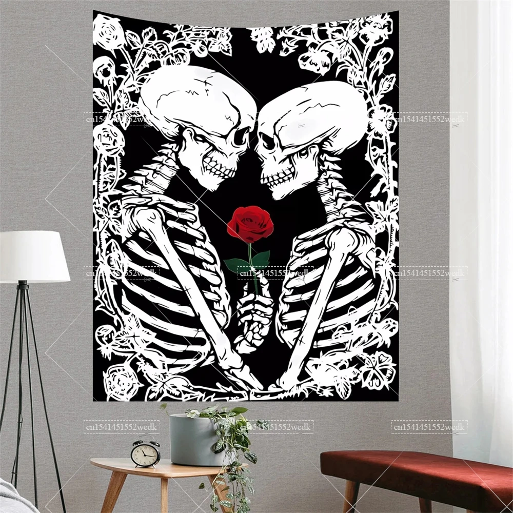 Skull Lover Couple Wedding Tapestry Tarot Card Star Moon Tapestrys Divination Bohemian Wall Cloth Skeleton Rose Flower Blankets