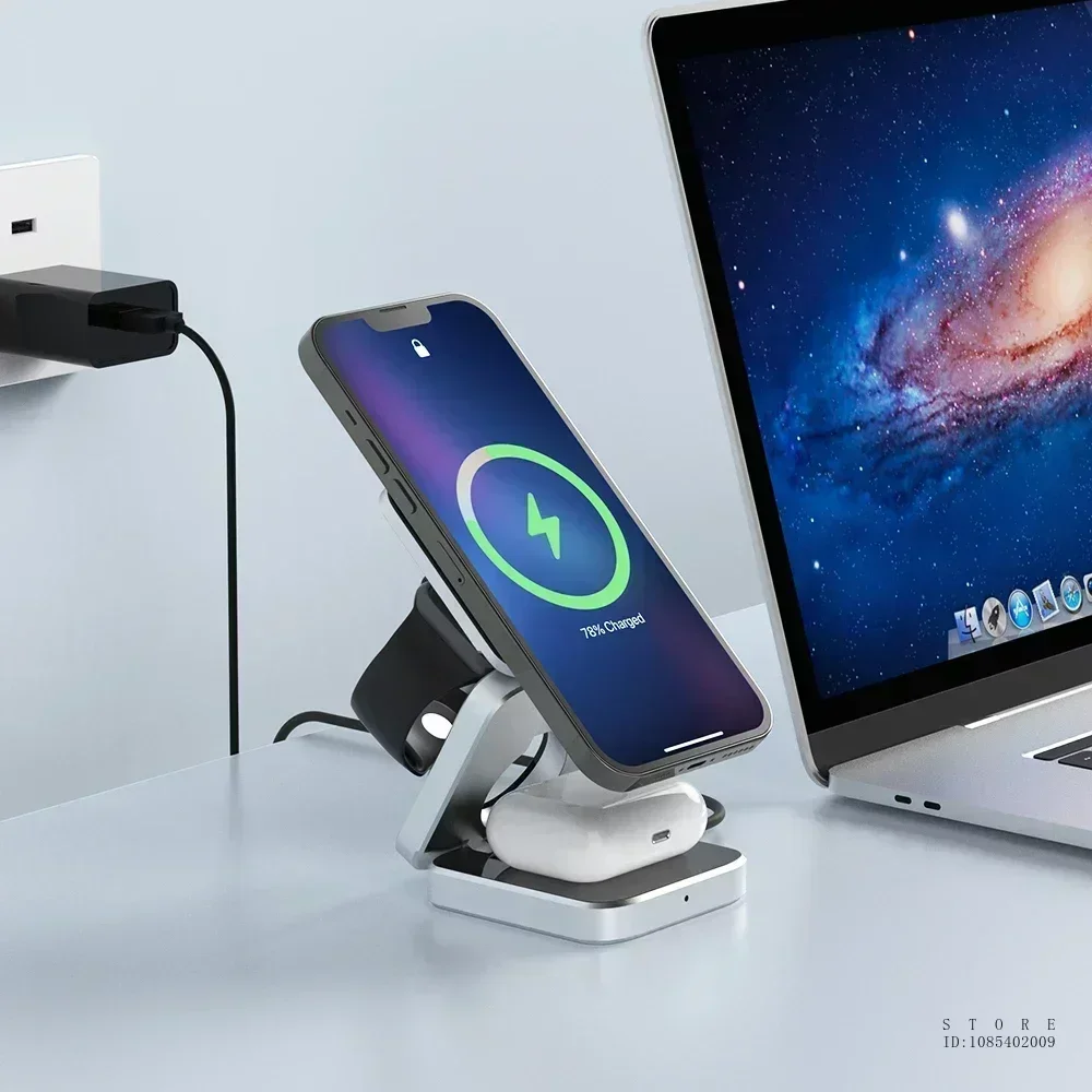 Travel Magnetic Wireless Charging Station 3 in 1 for IPhone 15 14 13 12 Pro/Max,Apple Watch 8, AirPods 3/2,Foldable Phone Hold