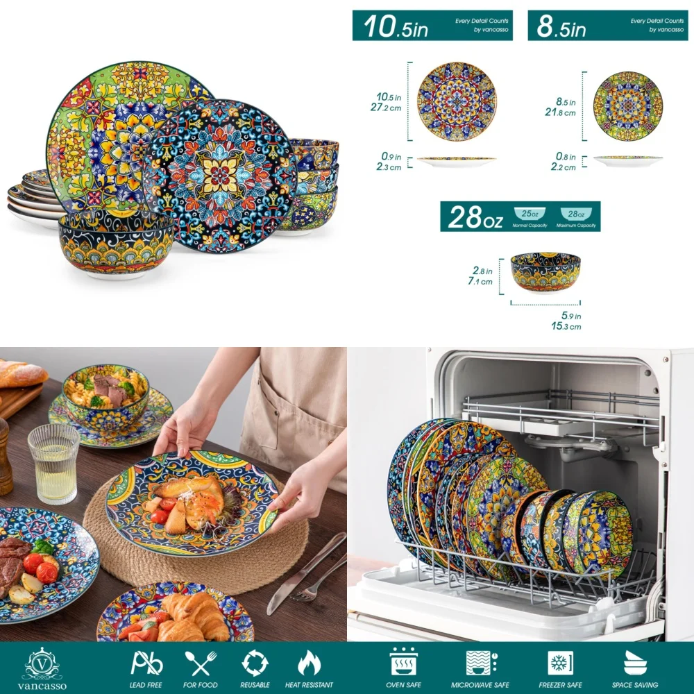 

Ceramic Tableware Set12 Piece Dinnerware Set Porcelain Plates and Bowls for 4 Elegant Modern Design Perfect for Everyday Use and