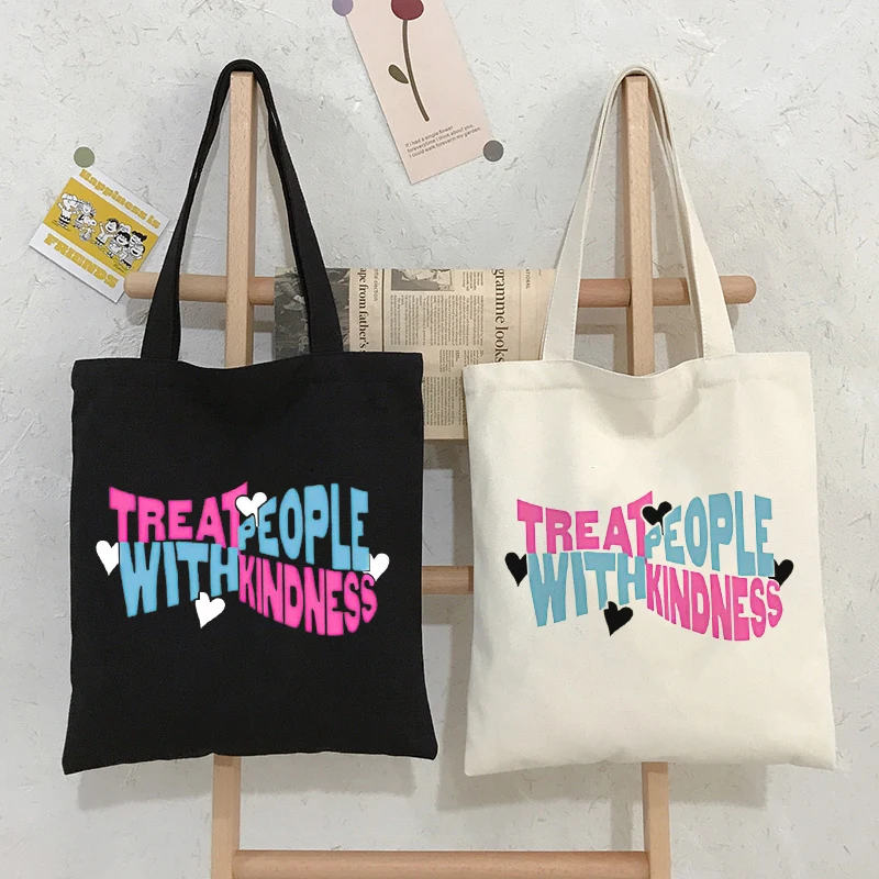 Fine Line Canvas Bag Ulzzang Fashion Casual Punk Large Capacity Cartoon Women Bag Treat People with Kindness Shoulder Bags