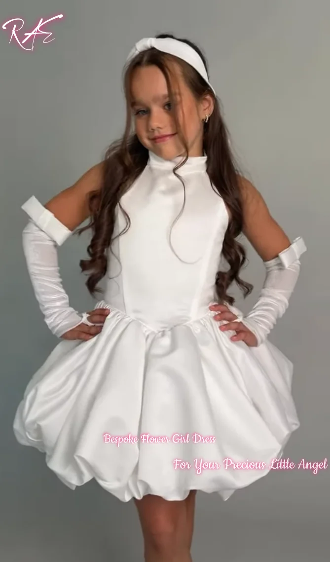 Chic White High Neck Satin Flower Girl Dress For Wedding Birthday Pageant Detachable Long Sleeves Puffy Mini Gowns Customized