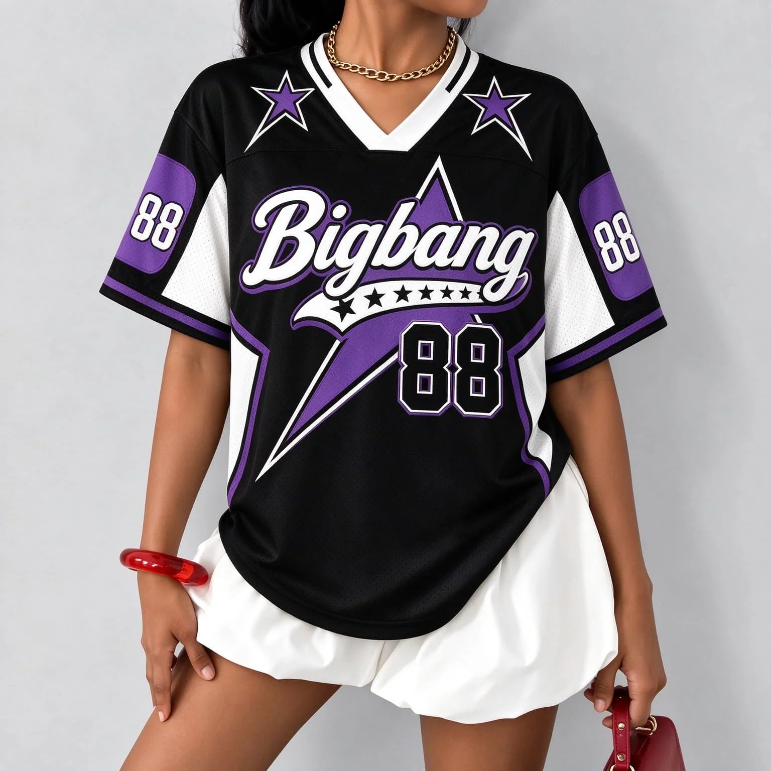 Bigbang 20Th Anniversary Concert Women Y2K Jersey Star Print V Neck Short Sleeve T Shirt Retro Oversized Streetwear Hip Hop Tops