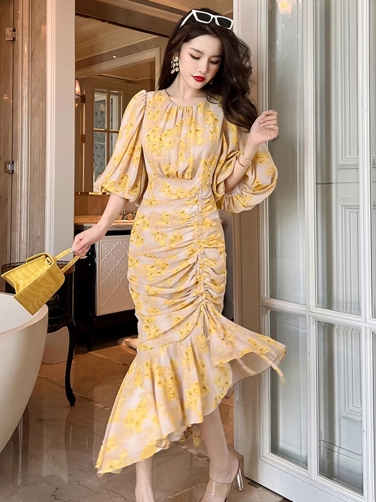 

2023 Summer Maxi Dress for Women Elegant Sweet Chic Chiffon Puff Sleeve Drawstring Irregular Ruffles Robe Femme Party Vestidos