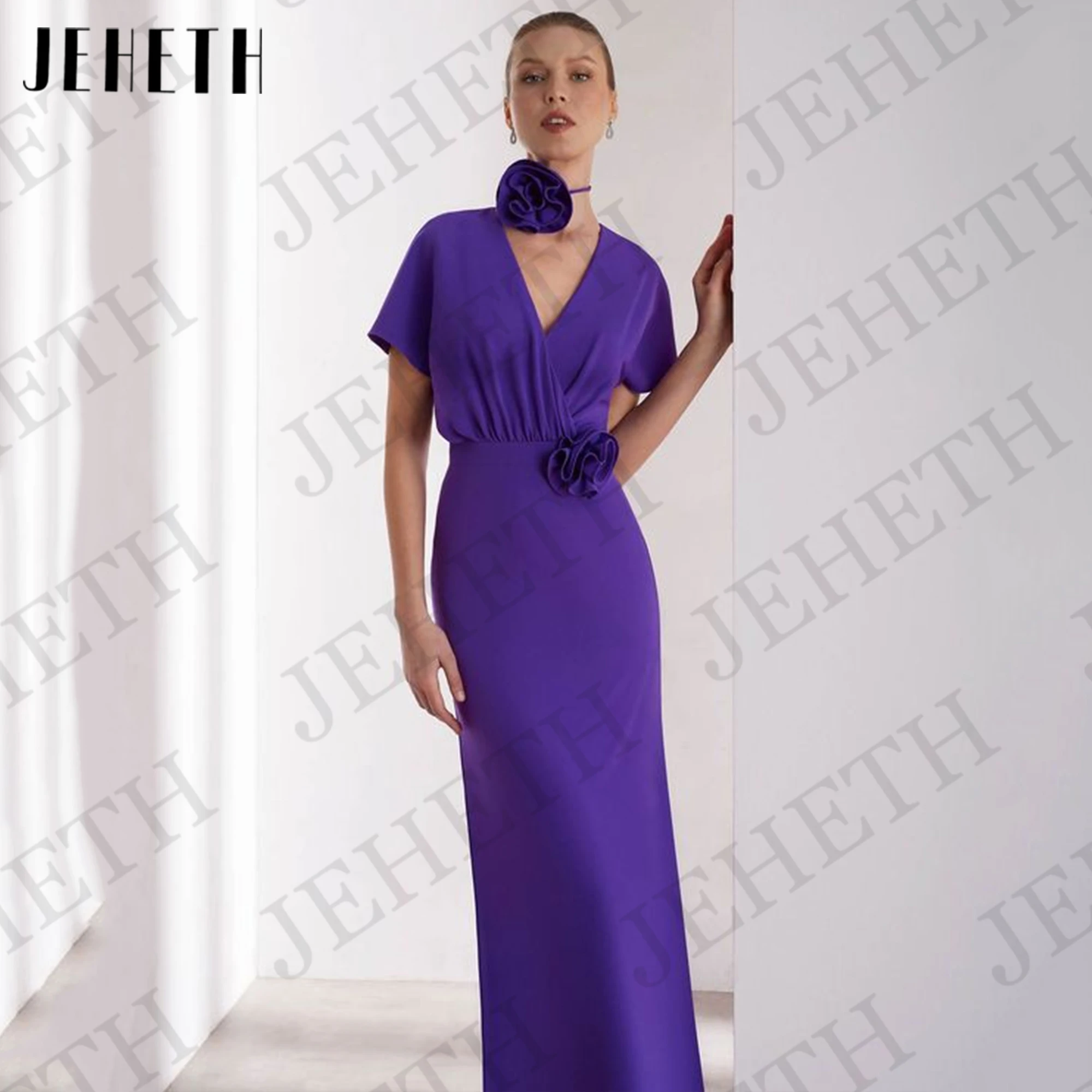 

JEHETH Mermaid Dubai Evening Dresses Elegant Purple V Neck Short Sleeves Chiffon Wedding Party Dress Customized abendkleider