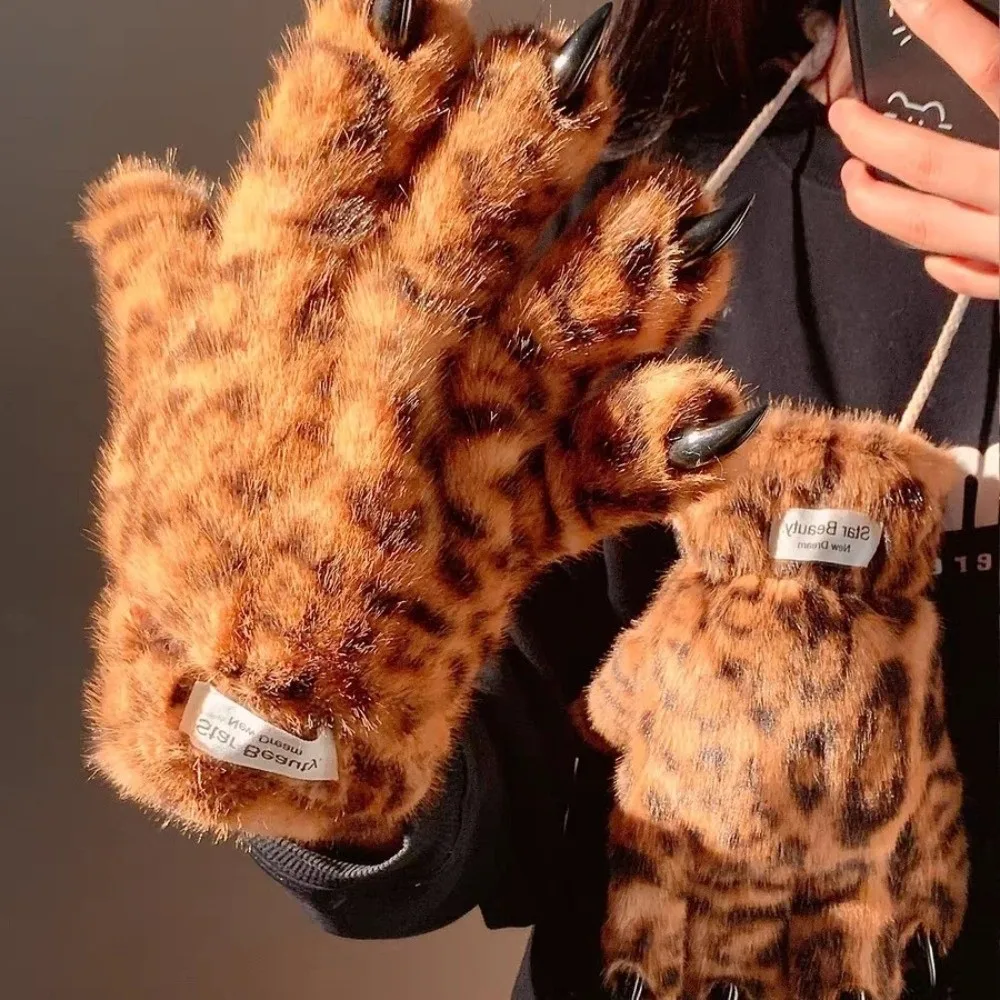 Winter Warm Furry Gloves Spicy Girl Cosplay Cool Props Tiger Claw Gloves Leopard Print Thickened Riding Padded Gloves Women Gift