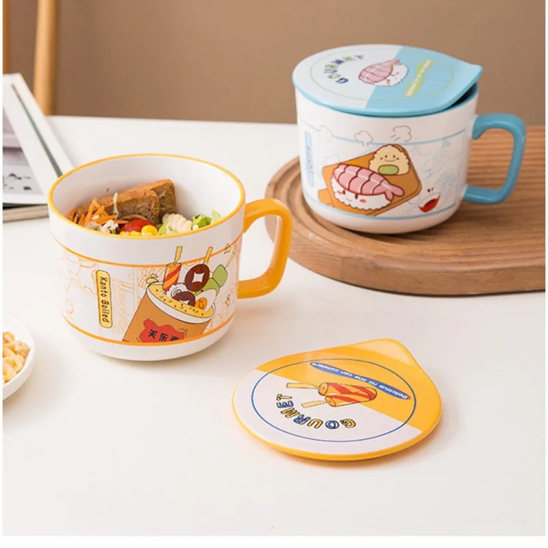 Ins Style Creative Instant Noodle Ceramic Cup Bowl with Cover Bento Box Student Lunch Box Instant Noodle Bowl Soup Bowl Set