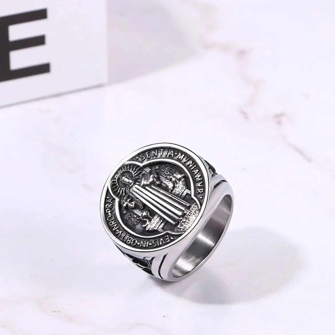 BONISKISS Men's Order of Saint Benedict Ring Stainless Steel Catholic Seal Ring Cross Exorcism Jewellery Religious Men's Gift