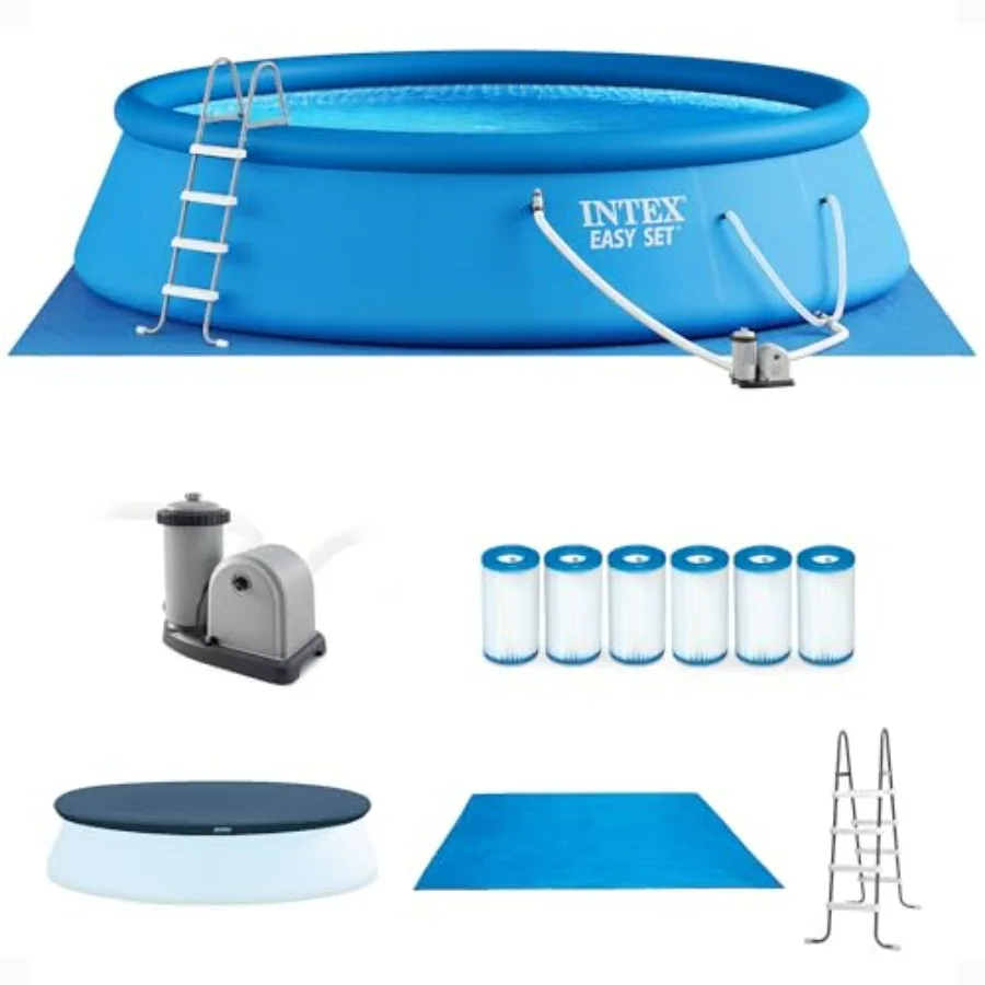 Above ground swimming pool for backyard use, PVC blue inflatable round pool, 18 ft x 48 in, includes filter pump, ladder, cover