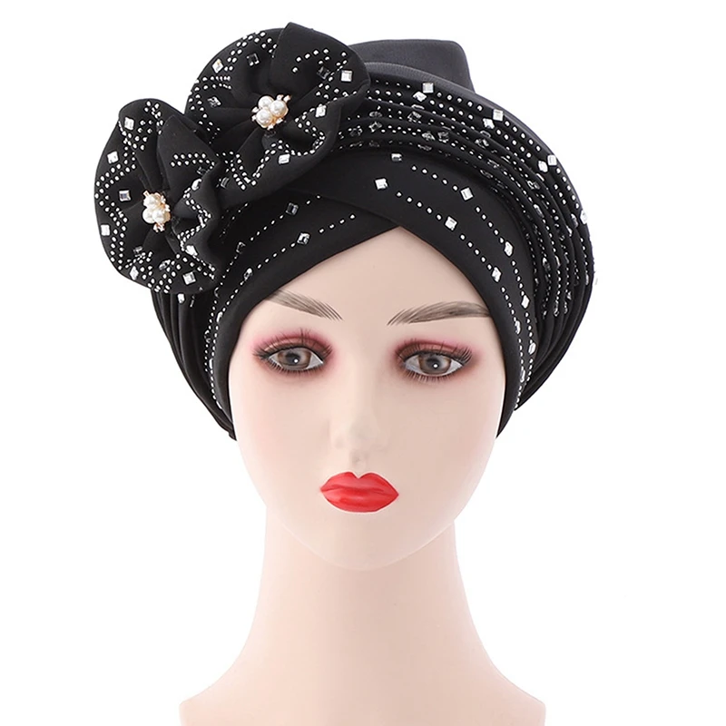 Women Flowers Sparkling Diamonds Bonnets African Aso Oke Gele Headtie Latest African Turban Cap Hijab Aso Oke Headtie Scarf