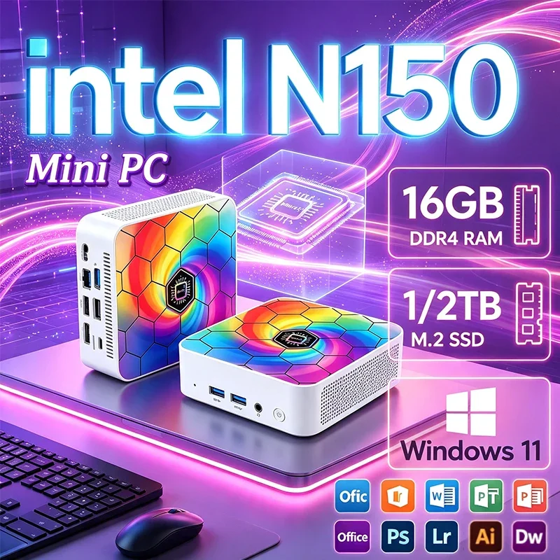 Intel N150 MINI PC Windows 11 Pro Portable Gaming PC 16GB 32GB RAM 1TB 2TB SSD Mini PC Computer Office Gamer Wifi6 BT5.2 Desktop