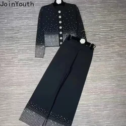 Two Piece Sets Women Clothing Heavy Diamond Outfits Roupas Femme O-neck Cardigan Straight Wide Leg Pants Suit Chic Knitted Set