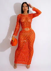 Robe Longue Sexy Kendny à Paillettes pour Femme, Élégante, Ajourée, Transparente, Couverture de Plage, Y2K, Été 2023