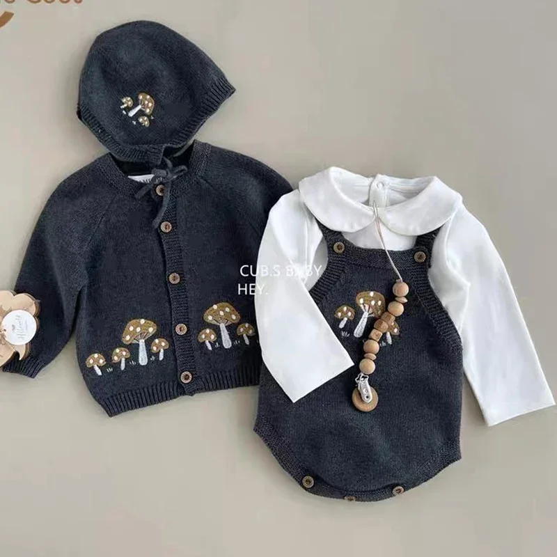 Autumn Toddler Baby Girl Knitting Clothes Suit Infant Baby Girls Knitted Clothing Set Embroidery Mushroom Cardigan+Jumpsuit 2PCS