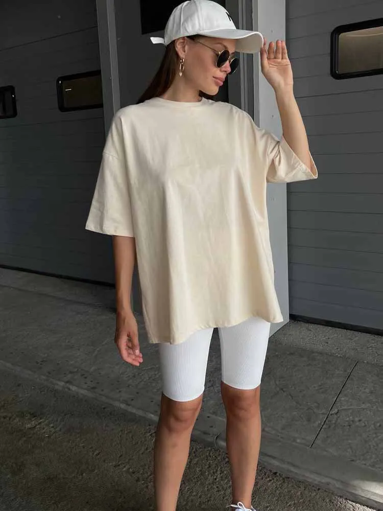 

BKQU 100% Cotton T-Shirt Women Fashion Casual Oversize Solid Color O Neck Loose Pullover Tees Summer Basic All Match Street Tops