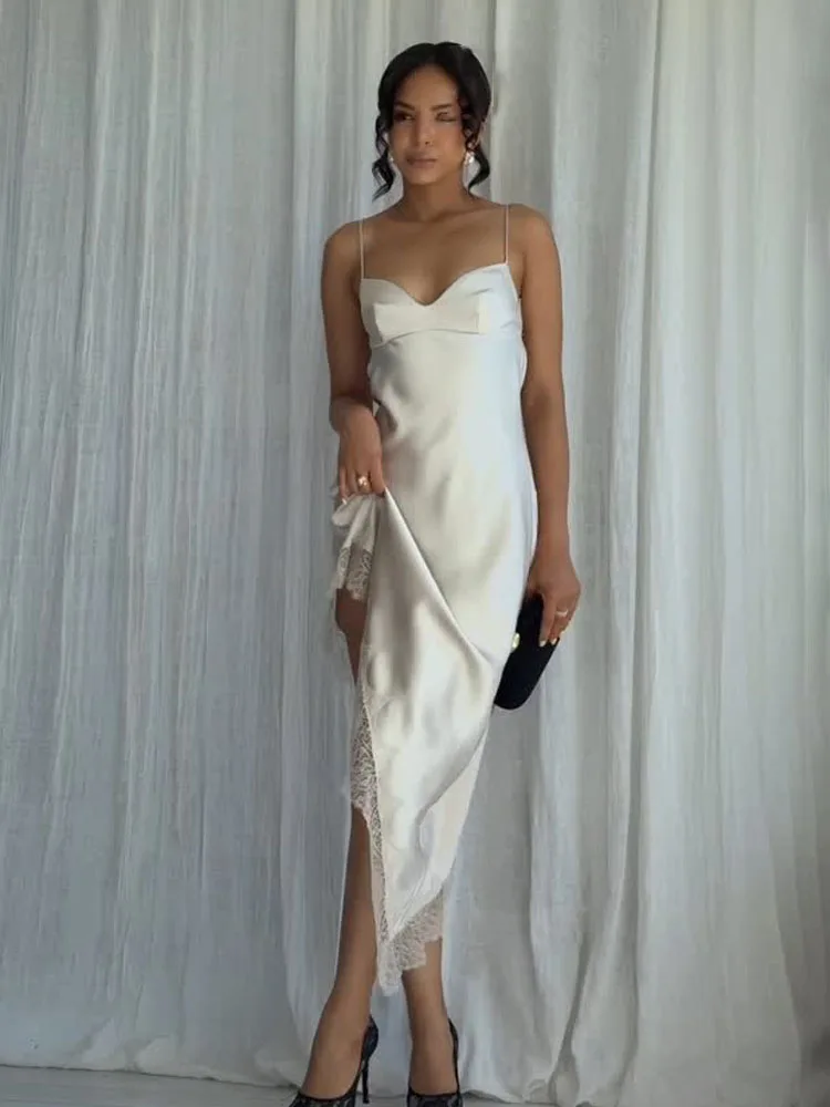 HH femmes mode asymétrie dentelle décorer mince robe en Satin femme été Sexy sans manches dos nu solide plage robe de soirée