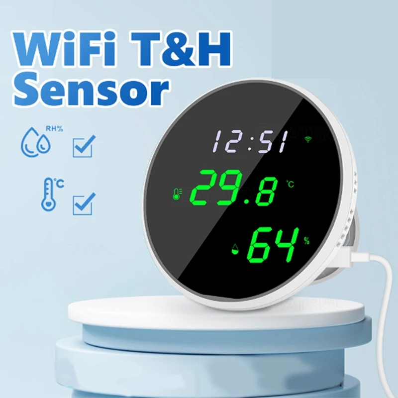 Temperatura Interior Digital e Sensor de Umidade, Display LED retroiluminado, App Notificação Alerta, 1 Conjunto