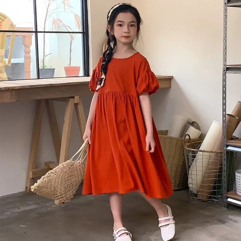 Children Princess Dress Bohemia Long Dress for Girls Summer Puff Sleeve Solid Beach Dresses Teenage Kids Clothes 12 13 14 Years