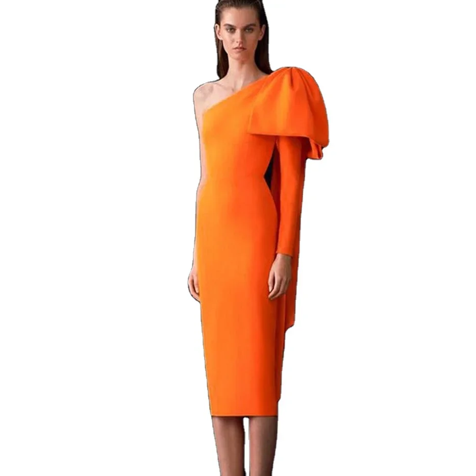 Elegant Orange One Shoulder Bow Bandage Dress for Women 2024 New Arrival Formal Evening Midi Dress