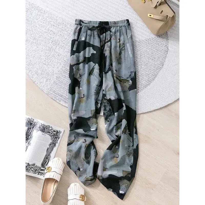 Fashion Vintage Printed Elastic High Waist Trousers Women's Clothing Summer Loose Comfortable Chiffon Wide Leg Pants Female
