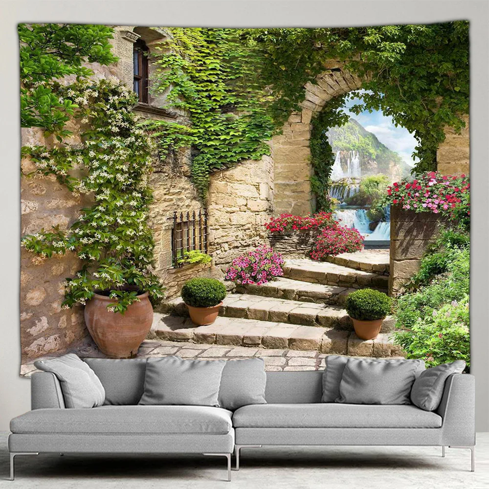 Country Garden Tapestry Wall Natural Flowers Scenery 3D Print Polyester Wall Tapestry Living Room Bedroom Home Decor Toolment