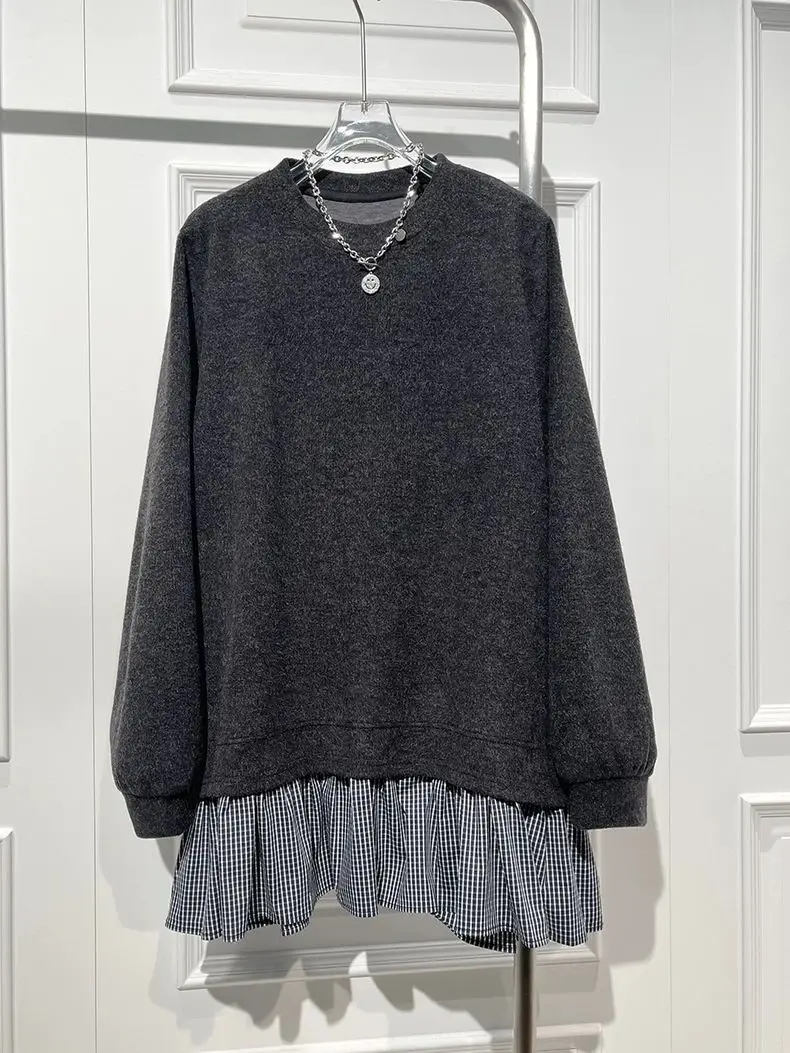 

plus Size Korean Sle Patchwork Plaid Mid-Length Sweatirt Women Spring Autumn Loose Butt Covering Trendy Top