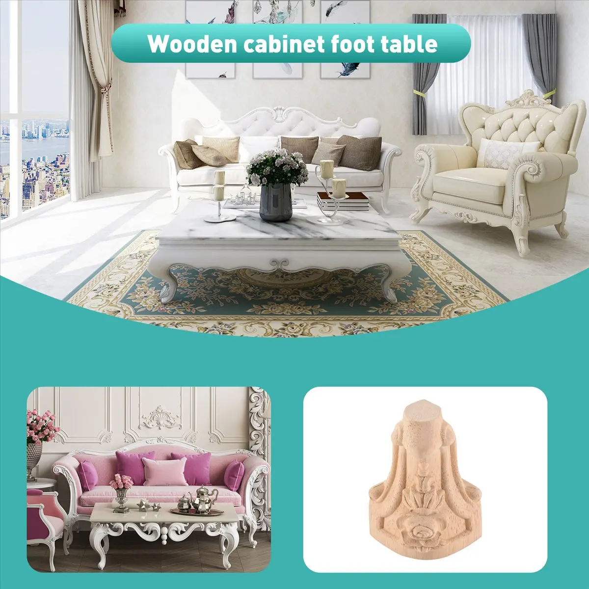 AT54 4PCS 10x6cm European Style Solid Wood Carved Furniture Foot Legs TV Cabinet Seat Feets