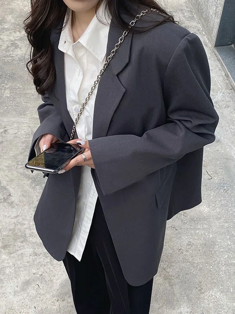 معطف Zoki Harajuku رمادي للنساء كوري فضفاض بأزرار واحدة سترة على طراز Preppy كاجوال بأكمام طويلة معطف ربيعي بسيط للسيدات