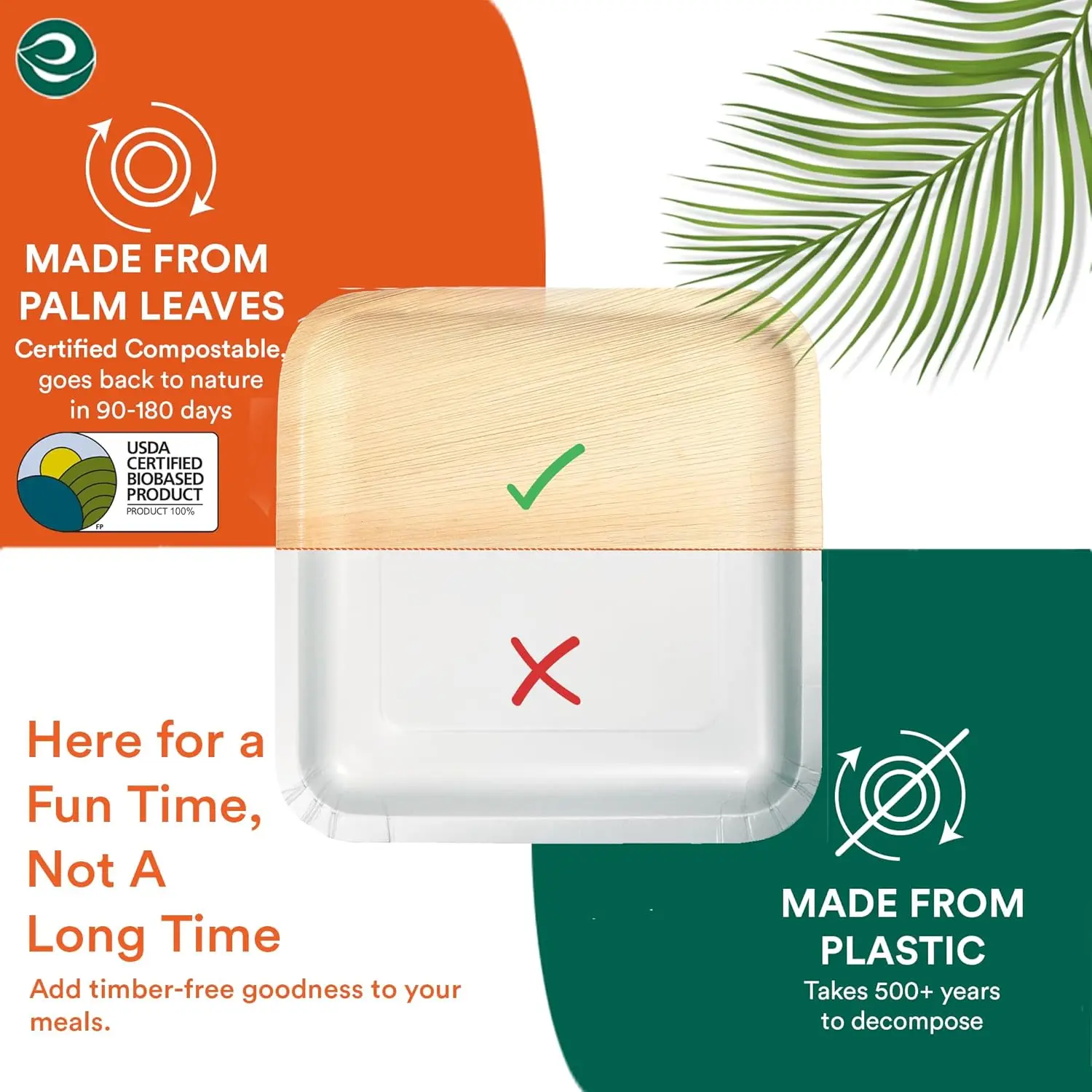 8 Inch Square Disposable Palm Leaf Plates [100 Pack] - Eco-Friendly, Compostable, Microwave Safe for Parties & Events