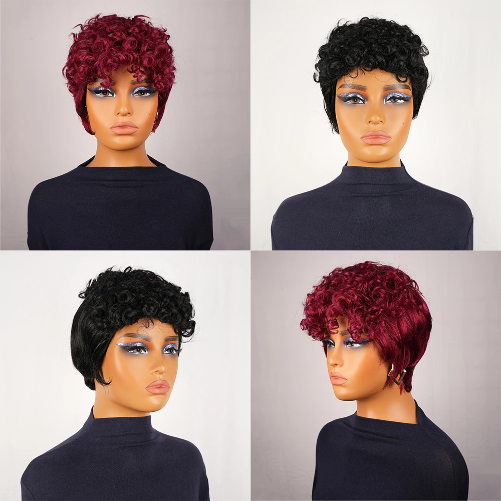 باروكات مجعدة باللون العنابي، باروكة شعر بشري قصيرة بقص عابث مع غرة للنساء، شعر برازيلي مصنوع آليًا، شعر مستعار مستقيم أسود طبيعي #5