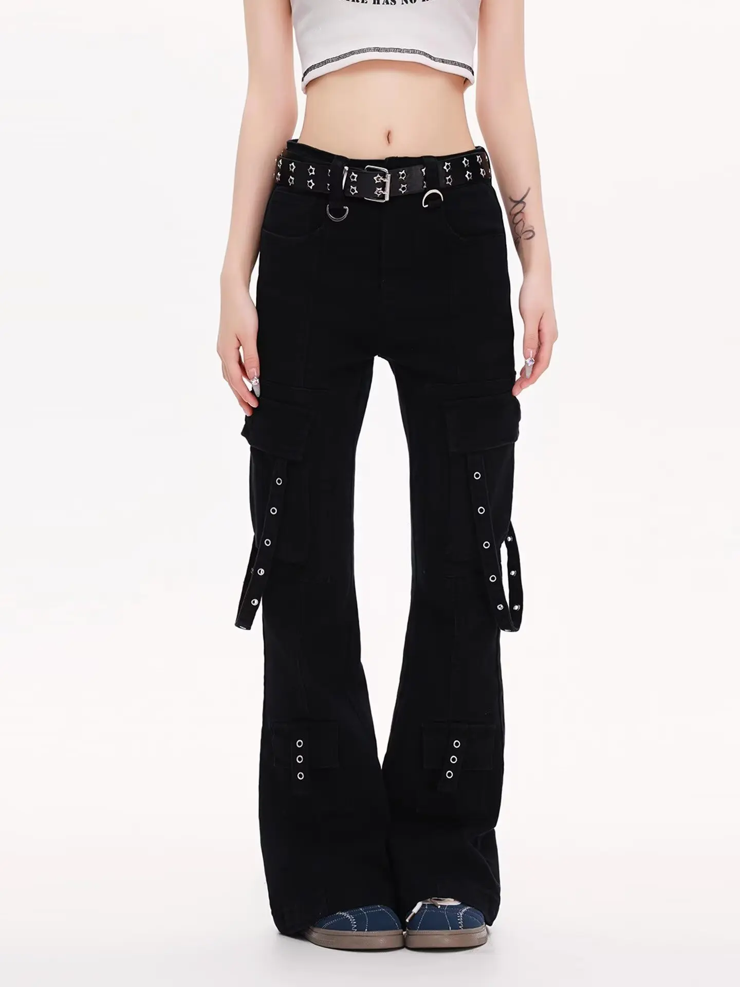 

Темные рабочие брюки с пряжкой в стиле панк, джинсы, женские уличные брюки с карманами Y2k для колледжа, черные готические брюки в стиле Харадзюку с низкой посадкой и принтом