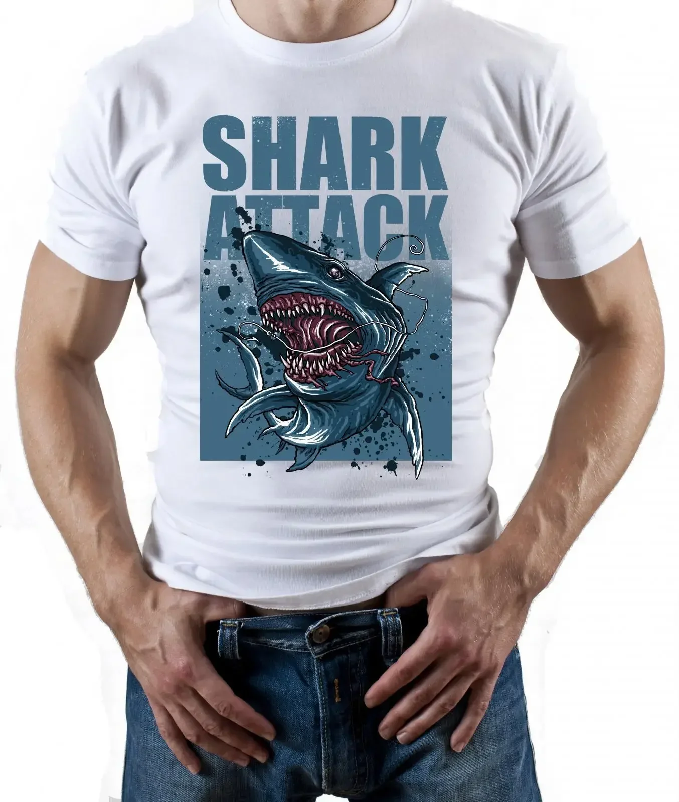 New Arrival Men'S Fashion Shark Attack Sunny Beach Weekend Holiday T-Shirt Tee Shirt