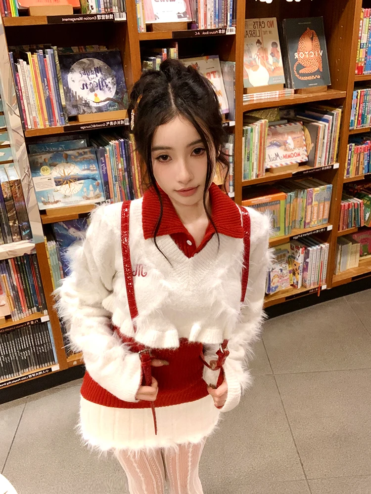 

American College Style Set White Knitted Red Sweater Women's Autumn Winter Skirt Inner Wear Three Piece Hot Girl Outfit