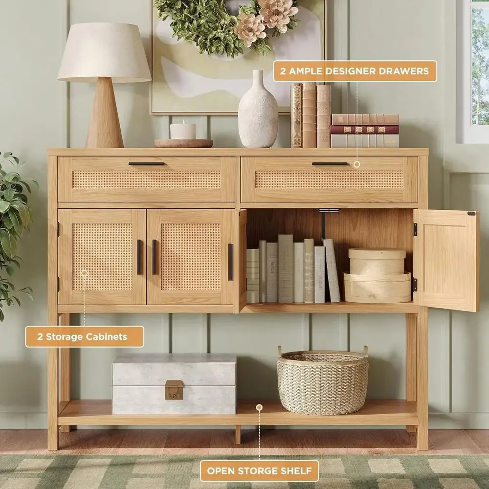 Large Storage Entryway Console Table, Rattan Cabinet Sofa Side Table, Versatile Living Room, Hallway Furniture, Natural Wood Ton view 3