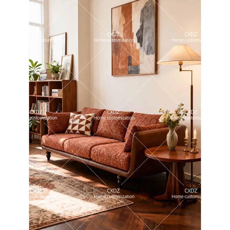 Retro Fabric Sofa 3 Seater Straight Row Removable Washable Cover Mid Century Modern Style Living Room Furniture for Small