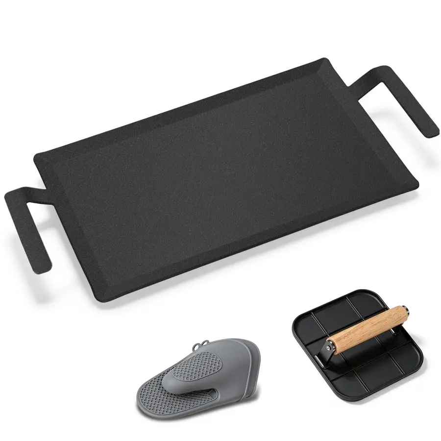 

Carbon Steel Griddle Comes with Grill Press, Large NonToxic Stovetop Flat Top Pan for Gas, Electric Range, Induction, Grill amp