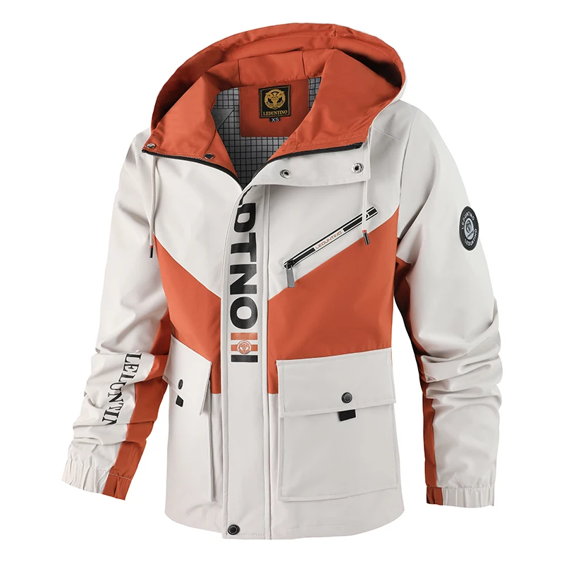 Men's Brand Accents Color-Block Tactical Jacket - Waterproof, Adjustable Hood Anti-Tear, Durable for Outdoor & Street Style