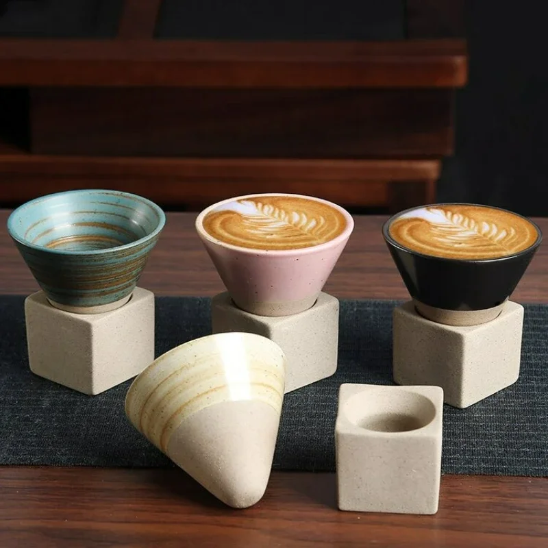 Vintage Ceramic Mug Triangular Cone Shape Pottery Tea Coffee Cup Latte Pull Flower Porcelain Cup Pottery Mug for Home Office
