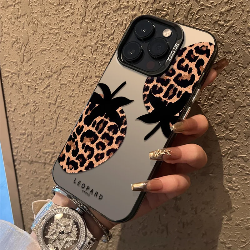 leopard print strawberry  Matte Laser Phone Case For iPhone 15 Cases iPhone 14 13 12 11 15 Pro Max XS XR X 7 8 Plus Plating Cov