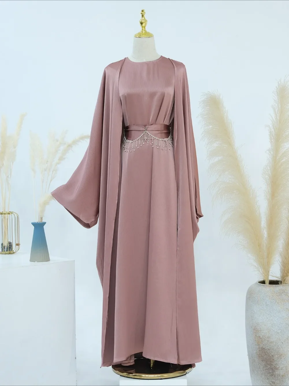 Ramadan muçulmano feminino 2 peça conjunto com corrente vestidos de festa abaya eid jalabiya faixas diamante marrocos dubai kaftan cardigan robe