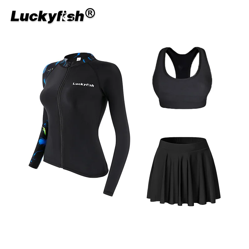 Donna UPF50 + Manica lunga Cerniera frontale Sport acquatici all'aperto Spiaggia Surf Camicie da bagno Pantaloni 3 pezzi Tappetino da bagno ad asciugatura rapida Rash Guard