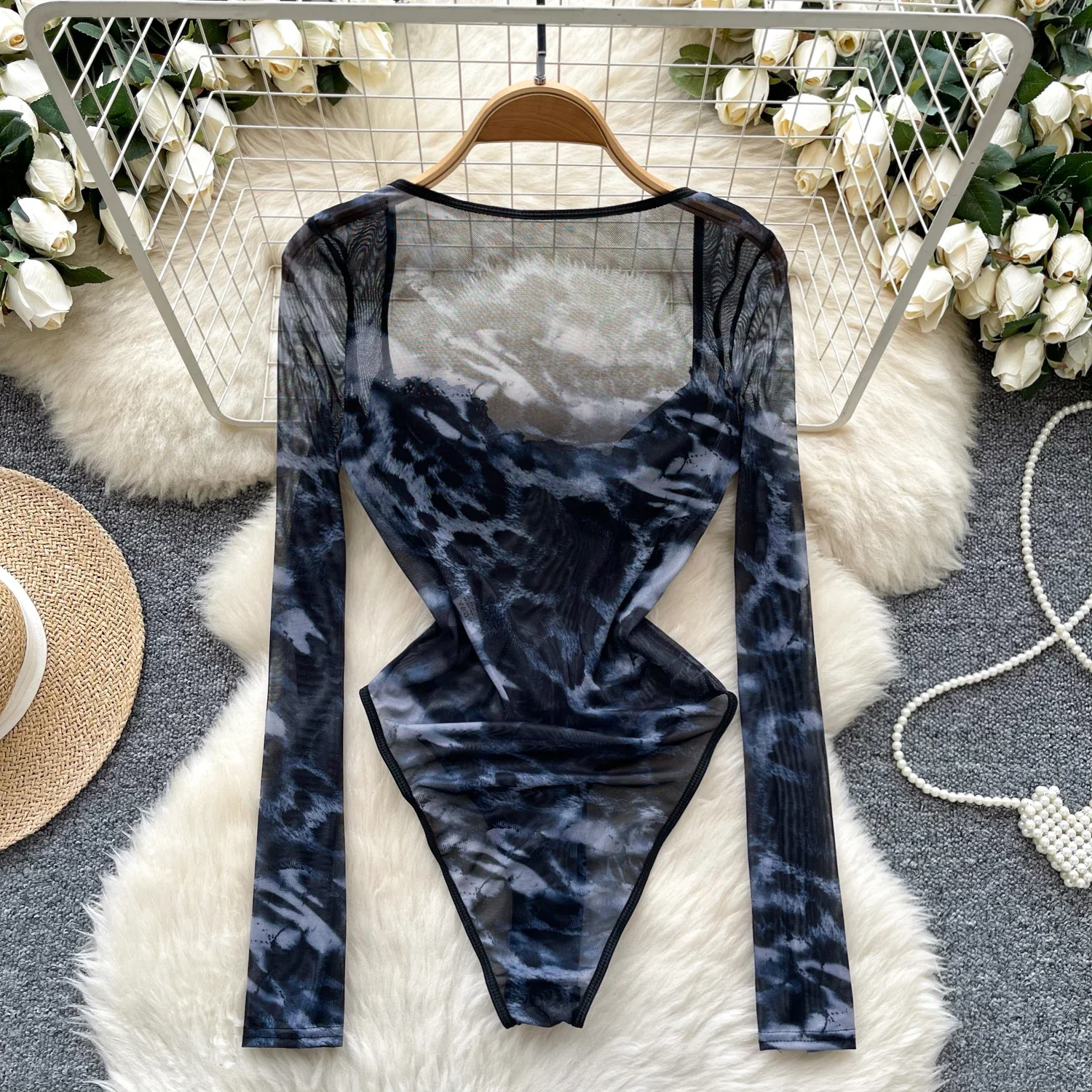 Sexy Square Collar Lace Elegant Long Sleeves Vintage See Through Smudging Mesh Chic Bodysuits Top High Street Spring Jumpsuit