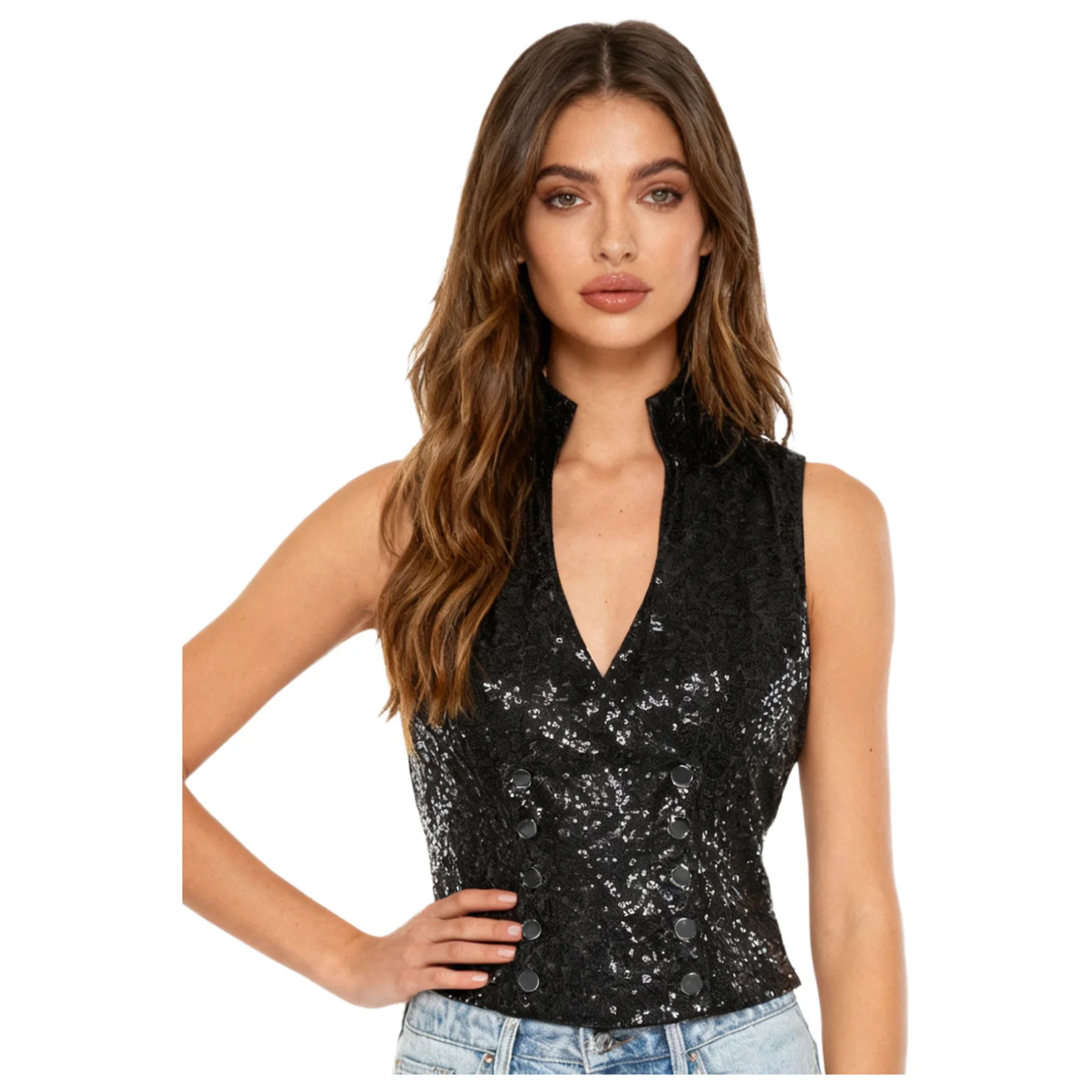 صدرية نسائية لامعة بدون أكمام ترتر ملابس خروج على شكل حرف V بدون أكمام سترة مزدوجة الصدر لزي حفلات الكوكتيل والديسكو #5