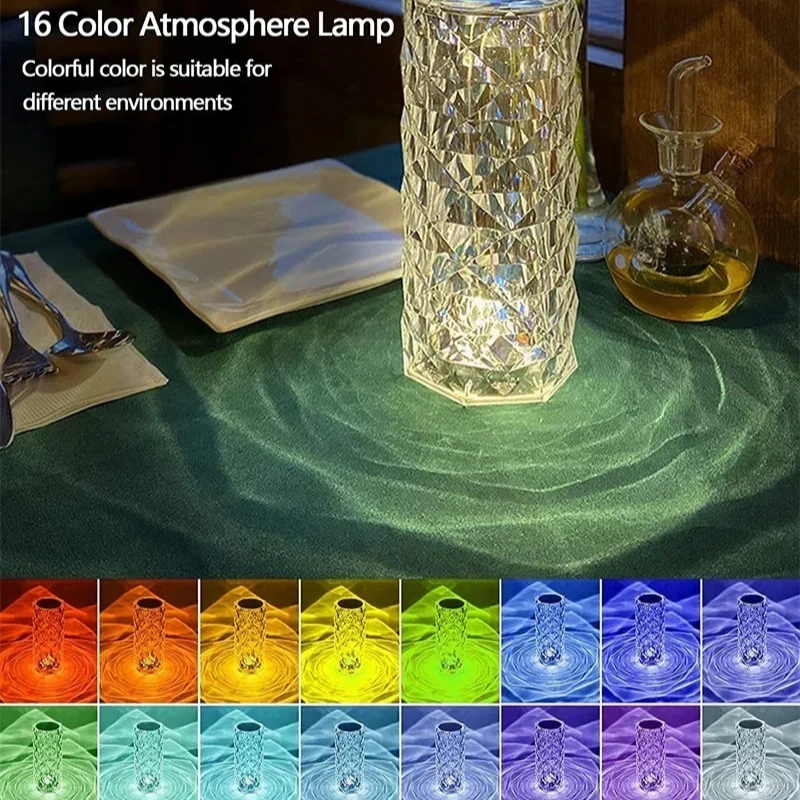 Crystal Table Lamp for Bedroom 16 Colors Touch/Remote Dimmable Night Light USB LED Bedside Diamond Rose Lamp
