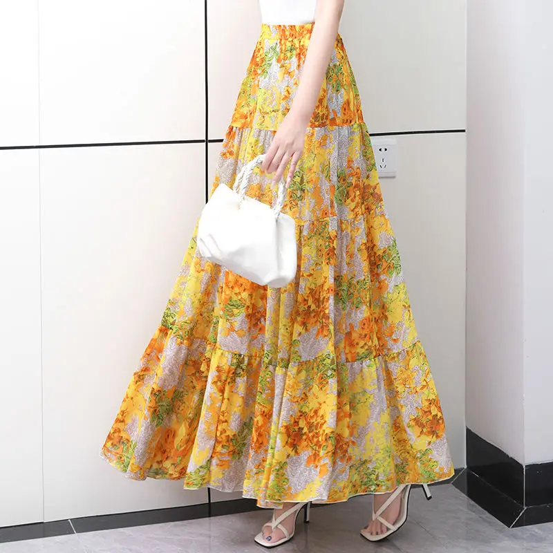 Sweet Women  Cake Skirt Summer Trend High Waist Pleated Skirt Casual Elegant All-Match A-line Big Swing Double Layer Skirt