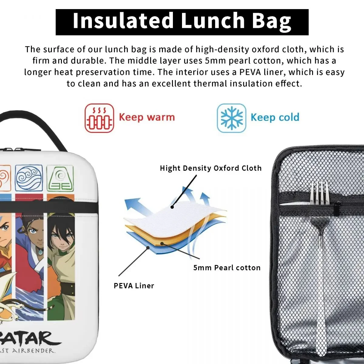 Avatar The Last Airbender Group Character Panels Insulated Lunch Bags Food Container Bags Portable Cooler Thermal Lunch Boxes